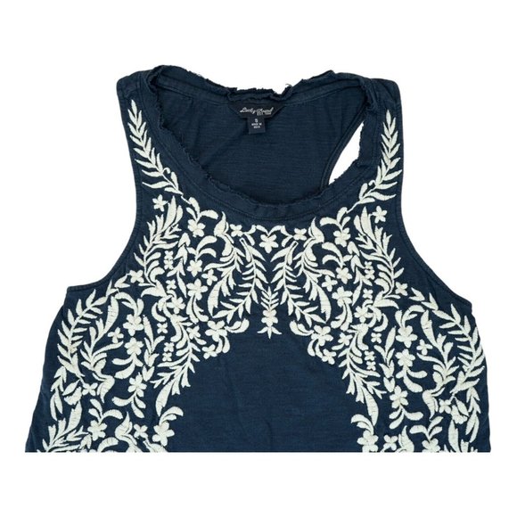 Lucky Brand Navy Blue & White Floral‎ Embroidered Sleeveless Top Womens Sz Small - Picture 2 of 4
